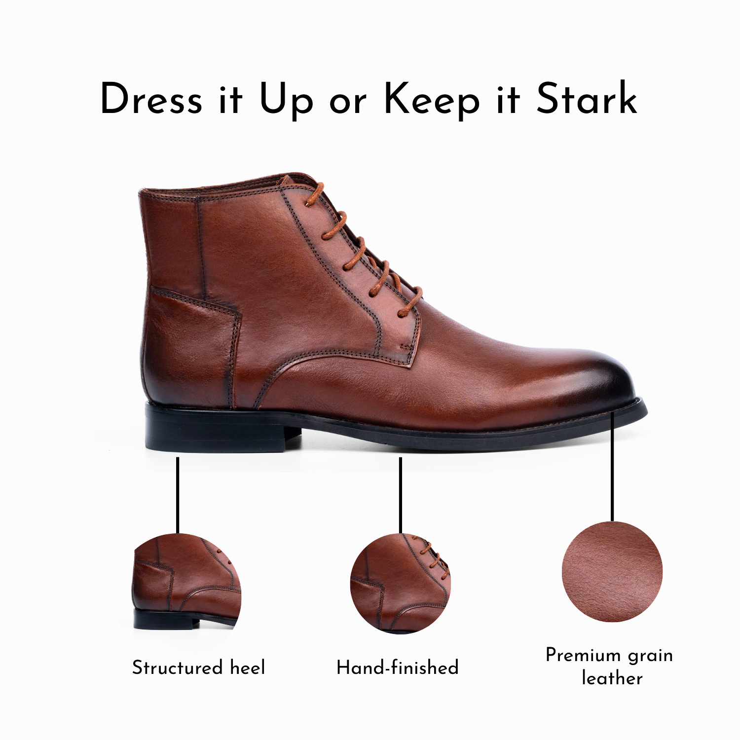 Structured heel and premium grain leather for longevity