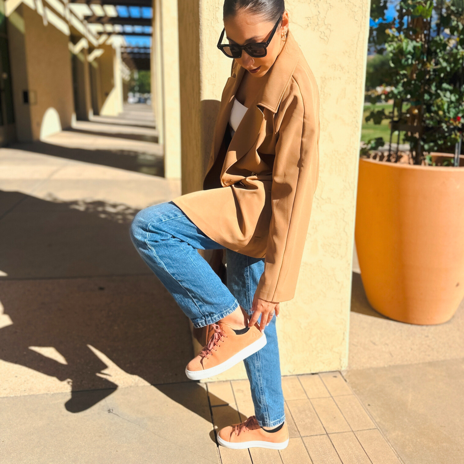 Woman wearing Peach Aura Sneakers in Summer for the best looks