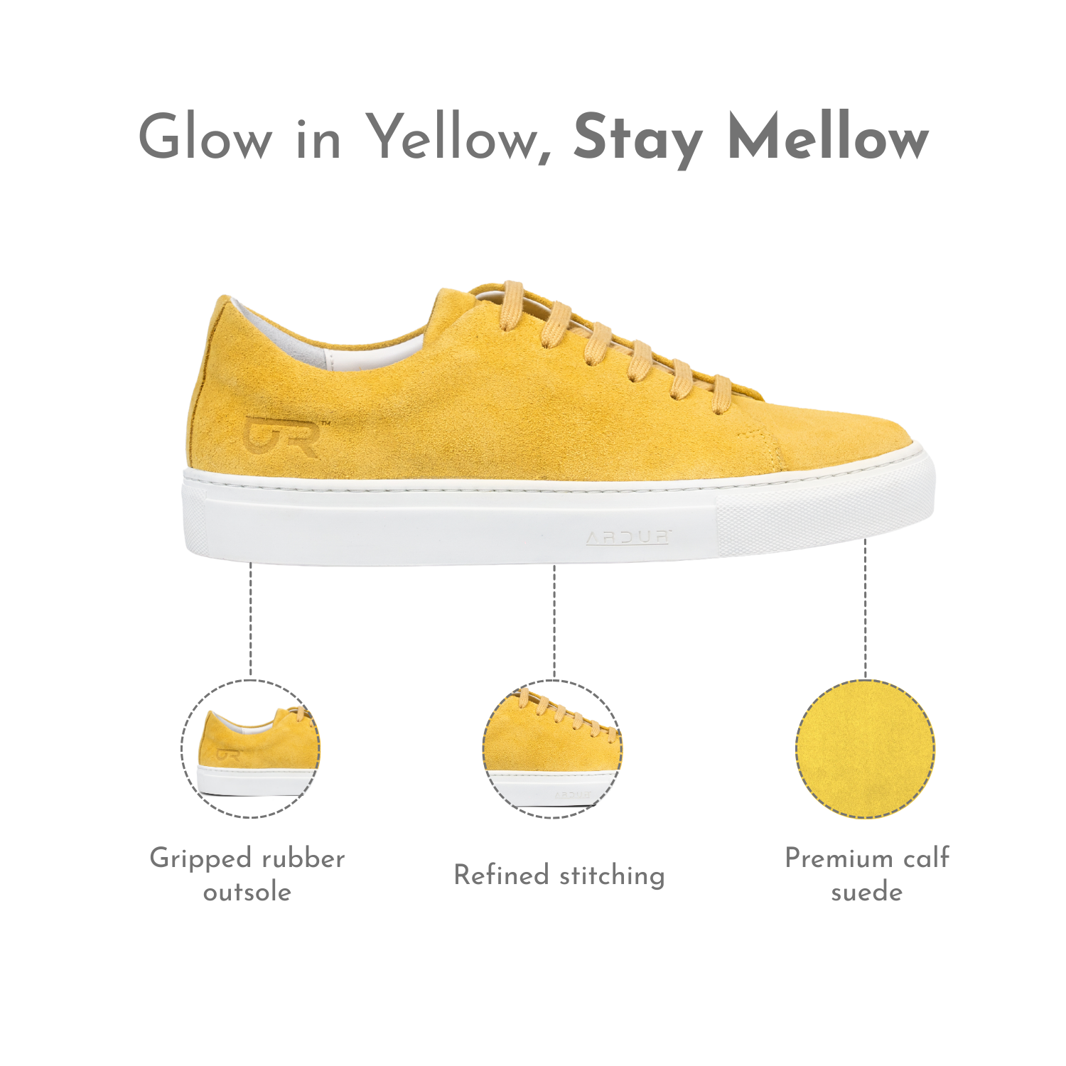 Yellow sneaker with features highlighted on a white background
